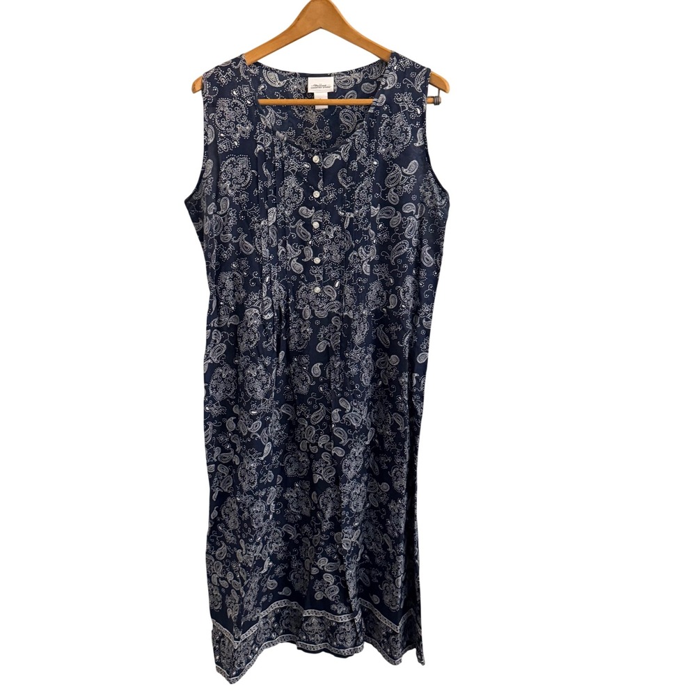 Vermont Country Store Navy Paisley Cotton Pintuck Sleeveless Midi Dress Large